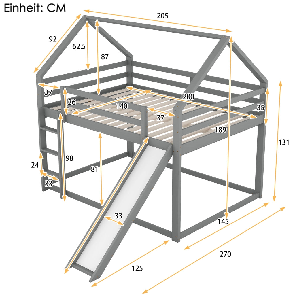 Letto a castello per bambini 140 × 200 cm 4 posti con scivolo e scala; senza materasso; in pino e MDF grigio