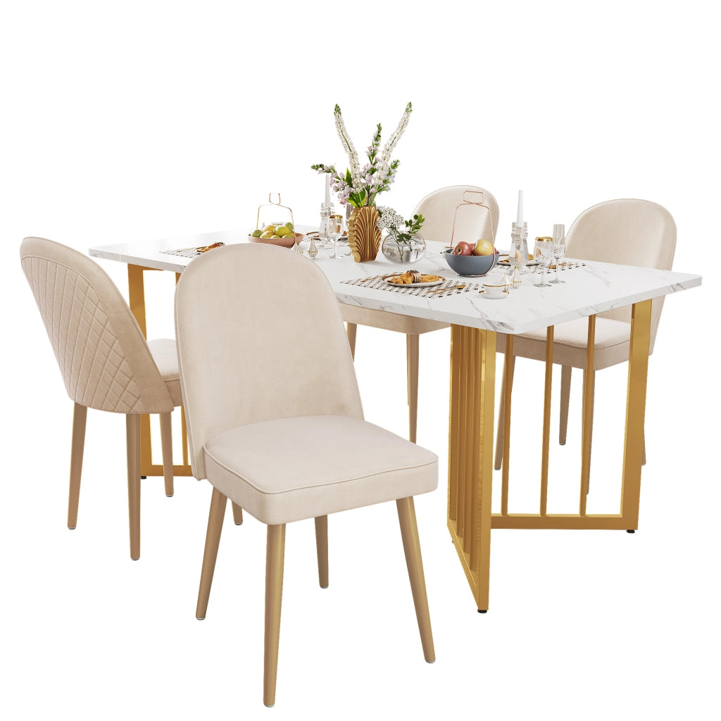 Set di 4 sedie da pranzo in velluto beige con seduta imbottita e piedi in metallo dorato per sala da pranzo