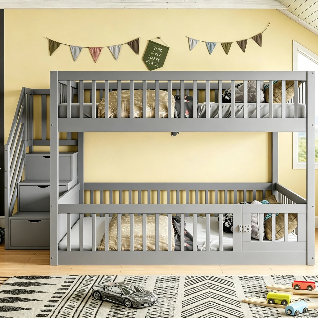 Letto a castello 140x200 cm grigio in legno con scala contenitore e porta apribile