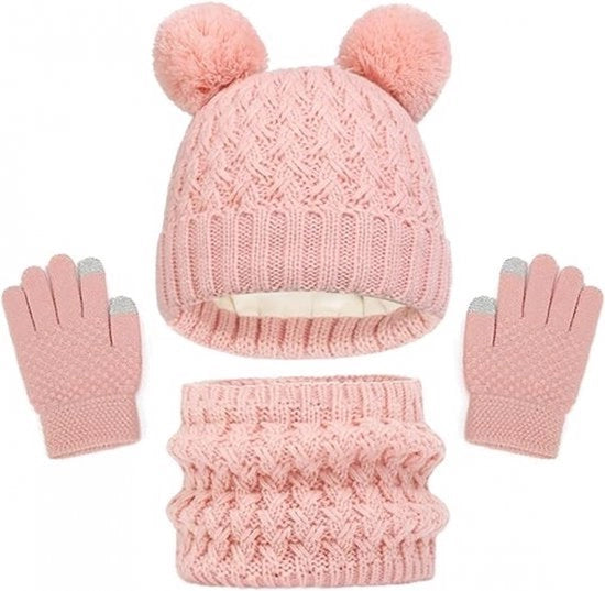 Set di cappello e guanti 3 pezzi, copricapo caldo per bambini con touchscreen e guanti, accessori invernali per ragazze e ragazzi da 2 a 8 anni, per sci e attività all'aperto