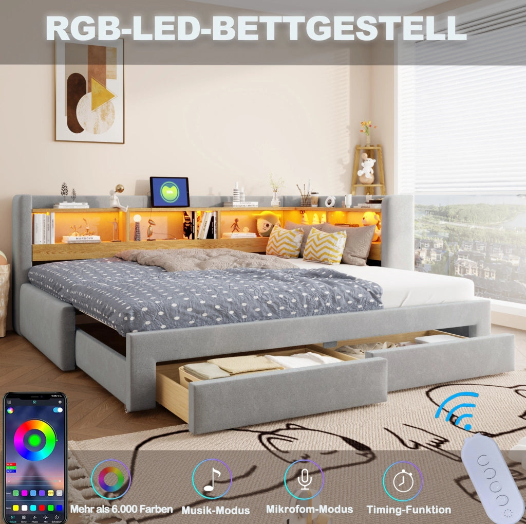 Divano letto 3 in 1 estraibile 90x200 cm; matrimoniale 180x200 cm; LED e cassetti; grigio
