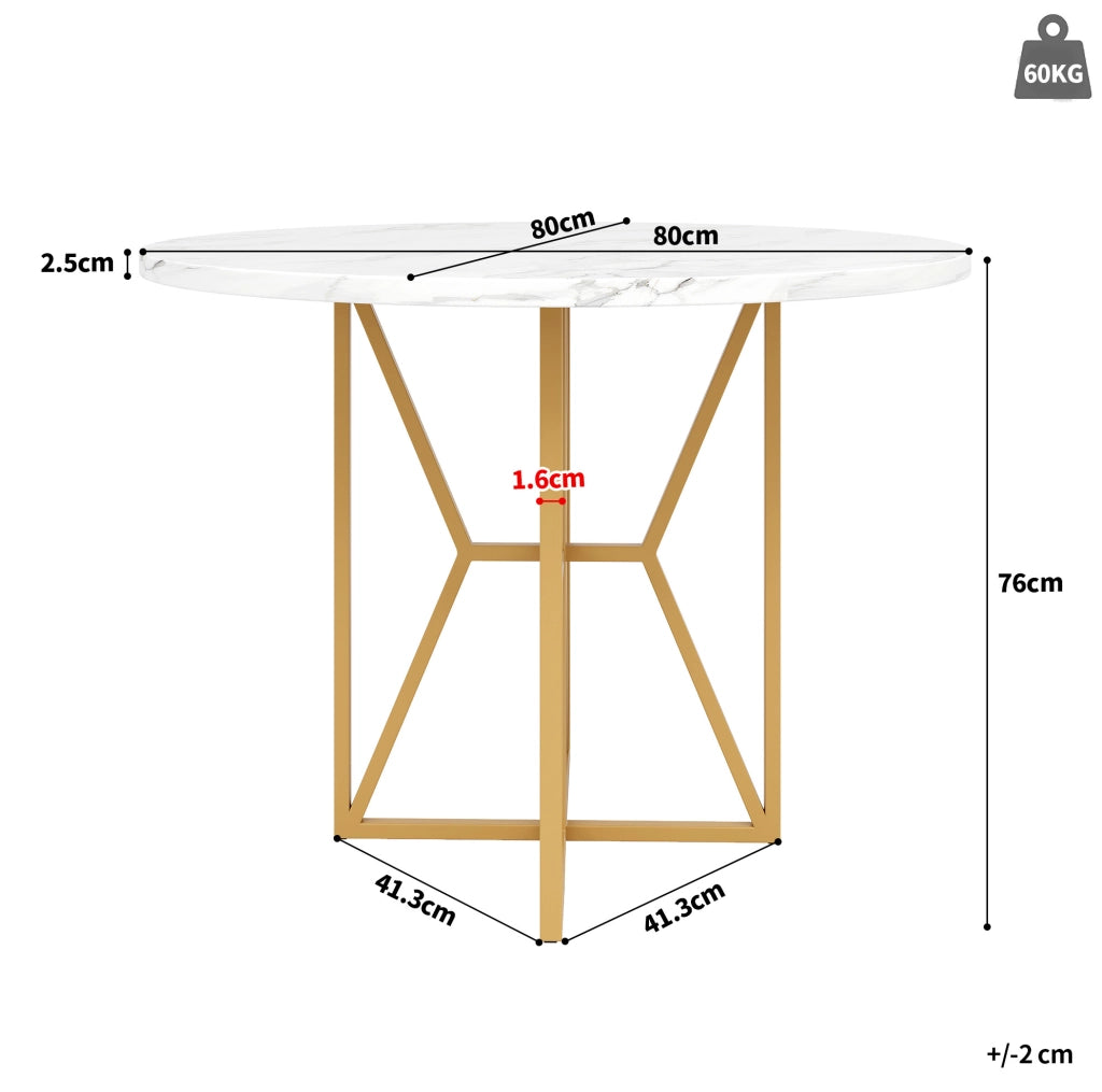 Tavolo rotondo 80 cm MDF effetto marmo, gambe metallo dorato, 4-6 persone