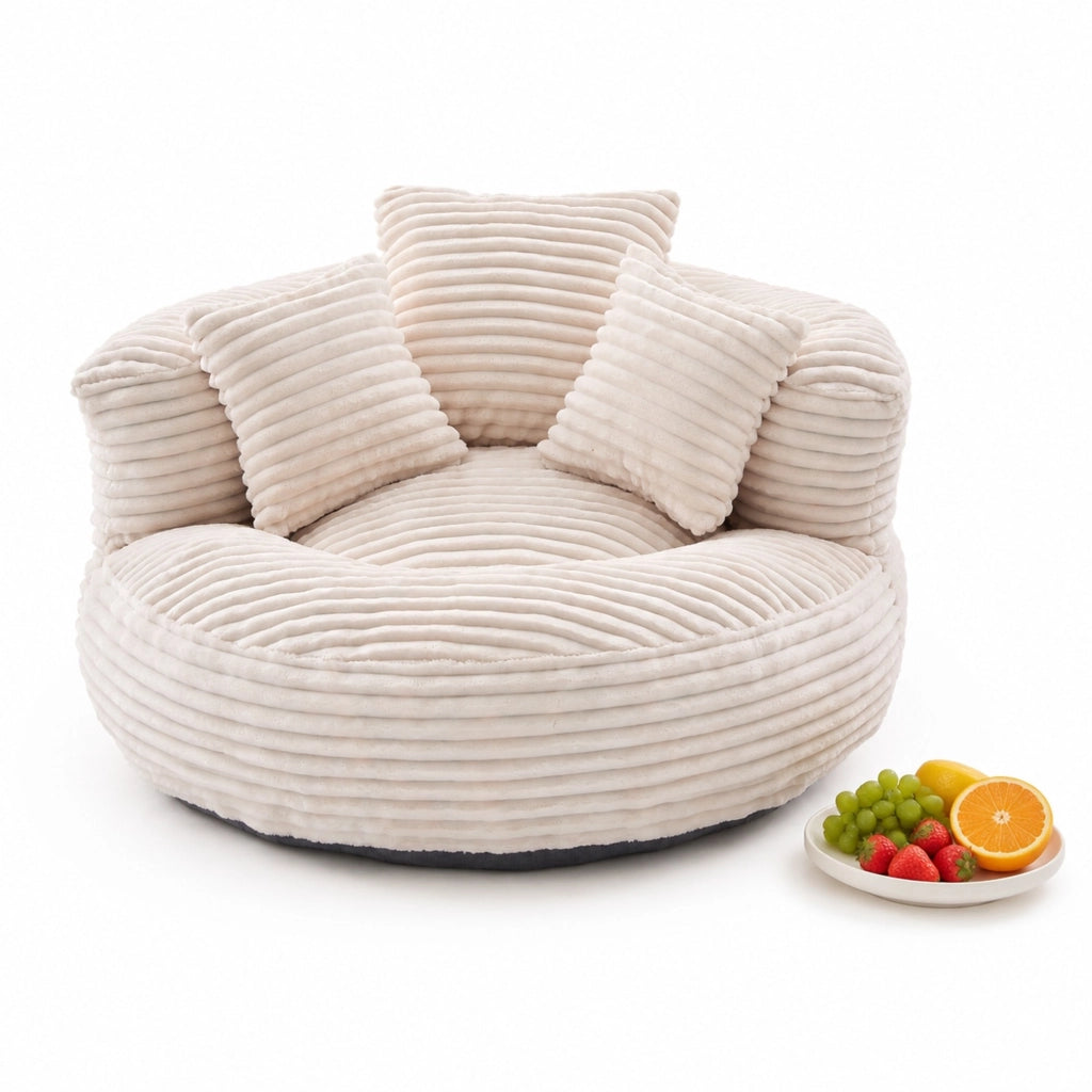 Poltrona sacco in velluto a coste con schienale alto e braccioli; beige; 108x108x52 cm