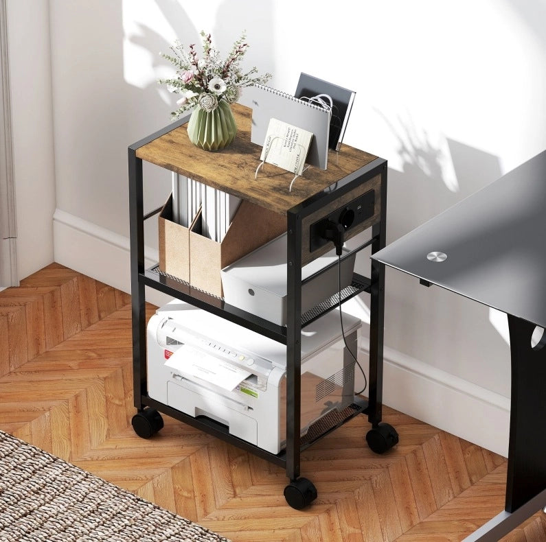 Supporto per stampante con ruote, prese elettriche, USB e USB-C, capacità 40 kg, colore marrone rustico