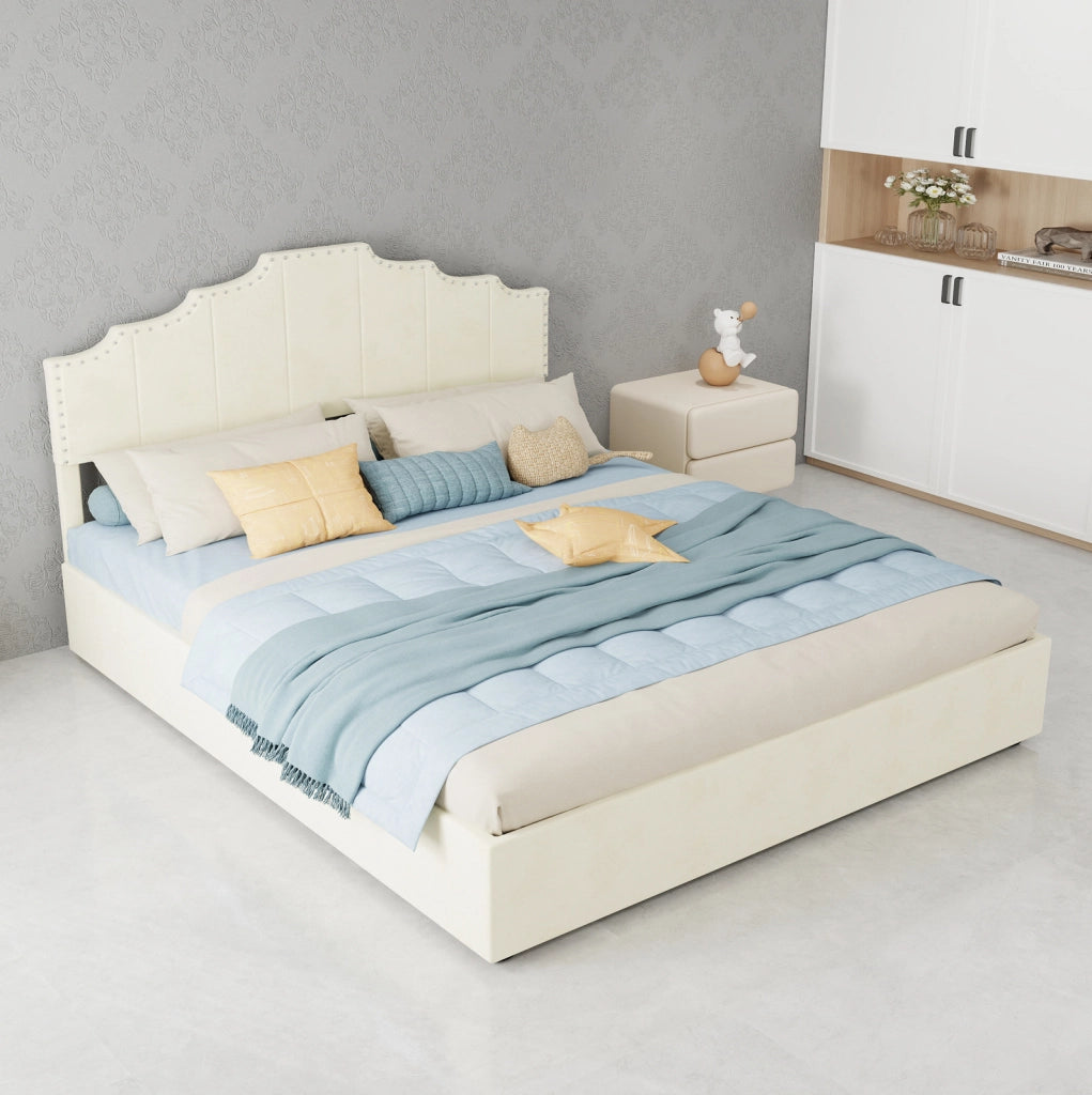 Letto matrimoniale imbottito ULEVR 160x200 cm con materasso incluso, testiera geometrica beige