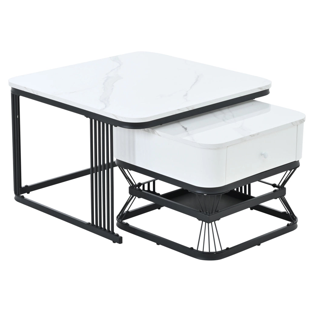 Set di 2 tavolini da caff¨¨ 70x70 e 50x50 cm con cassetto in MDF e metallo bianco e nero