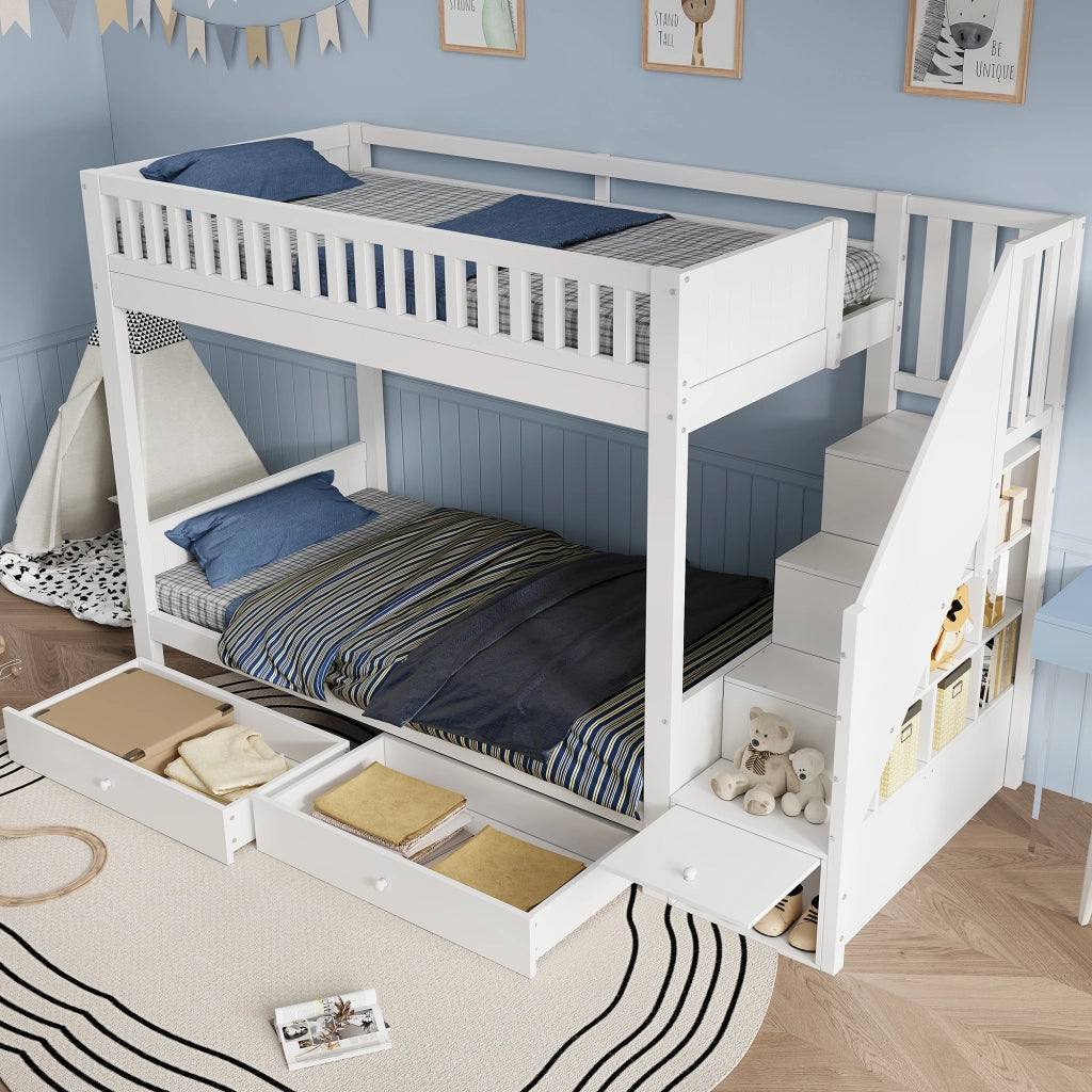 Letto a castello per bambini 90×200 cm 2 posti con scala contenitore, 2 cassetti e barriere, senza materasso, bianco