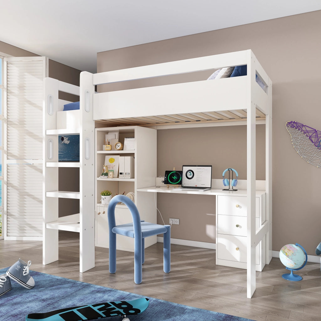 Letto a soppalco singolo 90 × 200 cm con scrivania, USB e Type-C, armadio, cassetti e struttura bianca