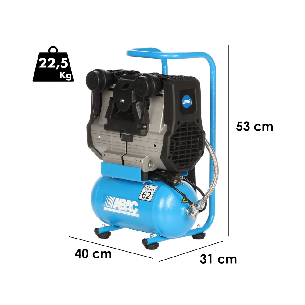 COMPRESSORE ARIA PORTATILE SILENZIATO 6Lt MONOFASE 2HP START QUIETE 0S20 ABAC