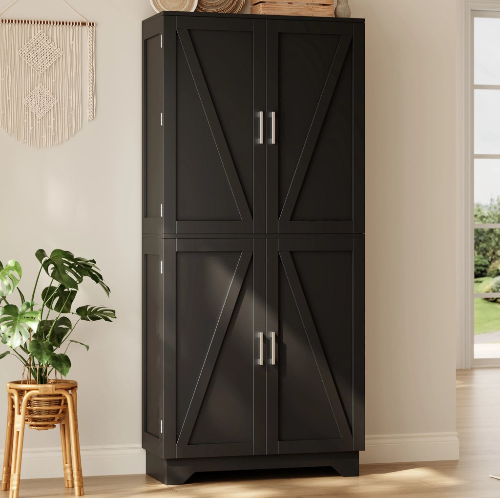Armadio da cucina 80x40x180 cm con 4 ante; portabottiglie e ripiani in MDF nero naturale