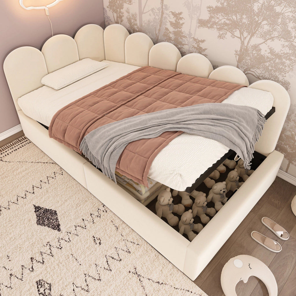 Letto da giorno 90x200 cm in velluto beige con contenitore idraulico e rete a doghe in ferro