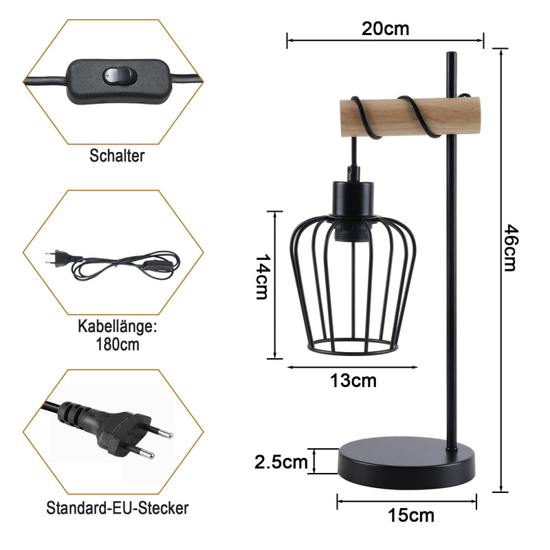 ZMH Lampada da tavolo vintage legno nera metallo E27 1 luce senza lampadina per soggiorno comodino