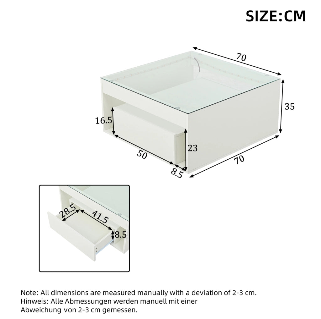 Tavolino da salotto 70x70 cm con 2 cassetti; LED e piano in vetro temperato bianco HOMVRA