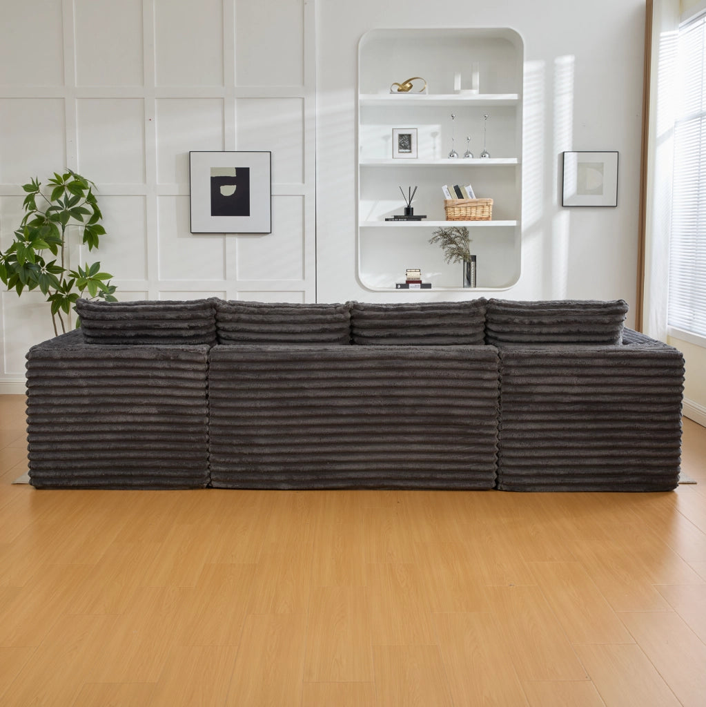 Divano a U in Corduroy con Porta Bicchieri, Tasche Laterali e Cuscini, 320x155x88 cm, Ergonomico per Soggiorno