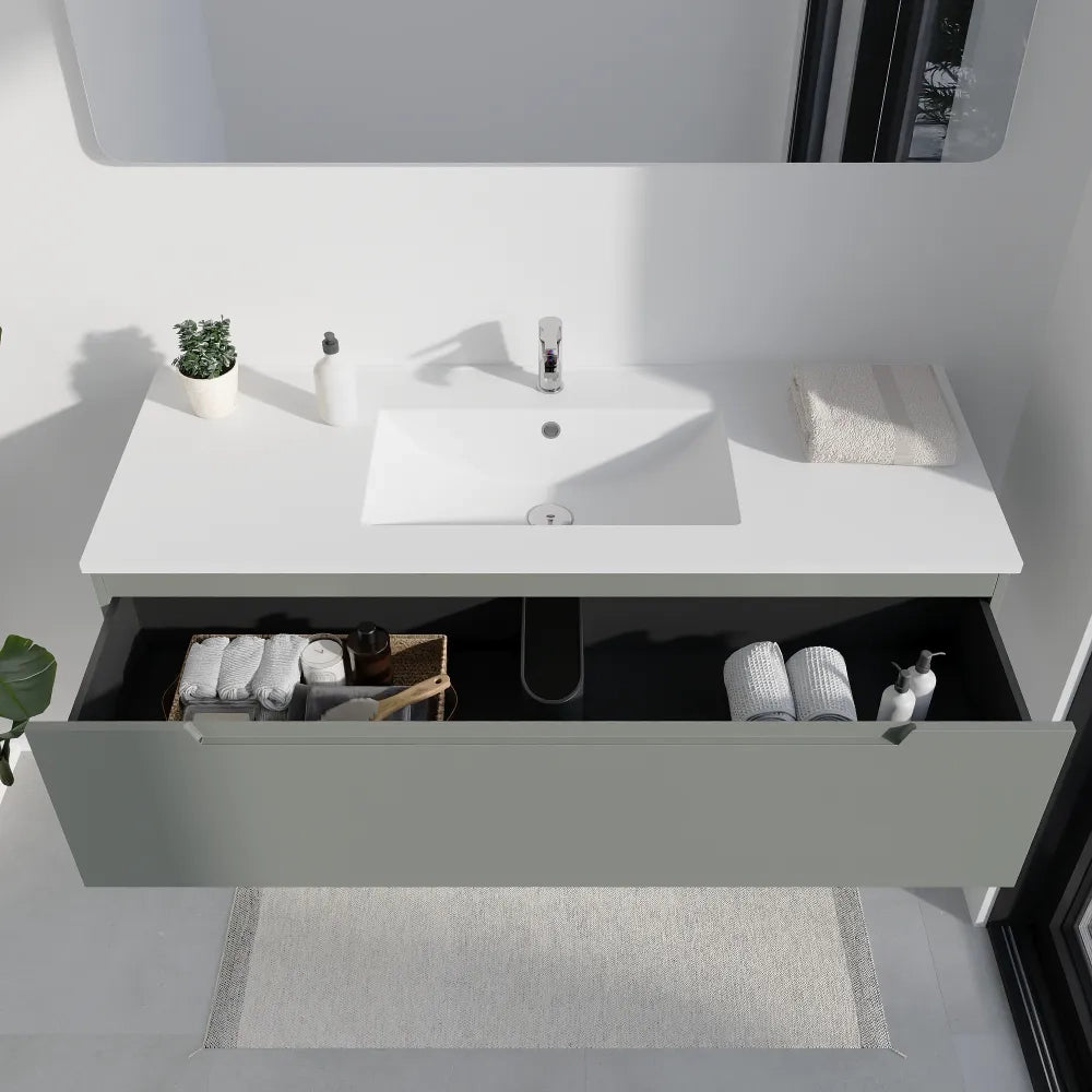 Mobile bagno sospeso 120cm smoke green opaco un cassettone con lavabo bianco opaco| Bako