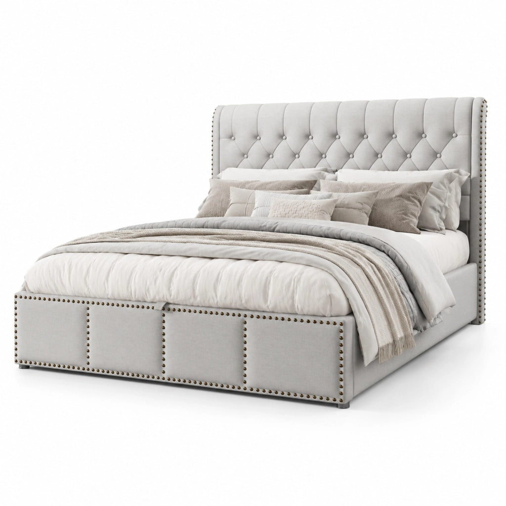 Letto matrimoniale 140x200 cm con contenitore; rivestimento in lino; grigio