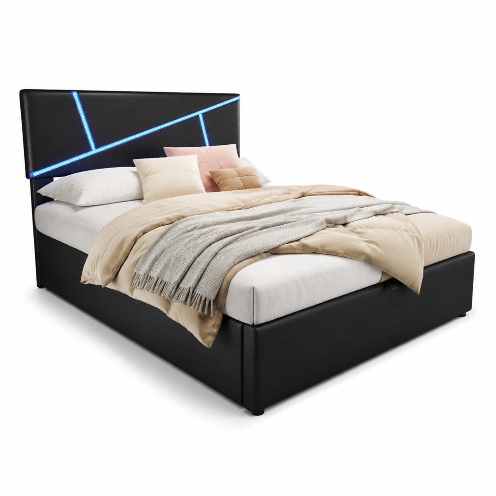 Letto imbottito LED con contenitore e rete a doghe, nero