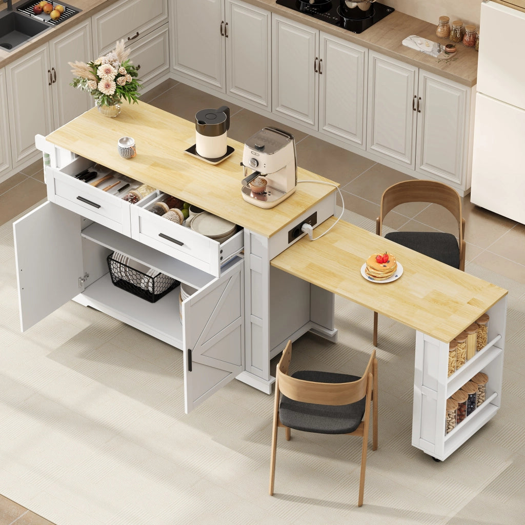 Carrello da cucina con piano estraibile, prese e USB, 2 cassetti, doppia anta e ripiano regolabile, bianco e rovere