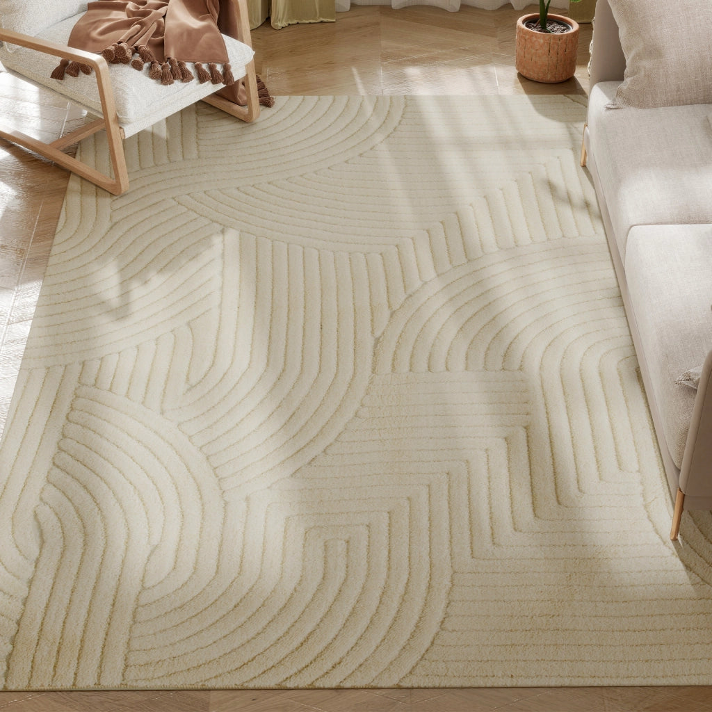Tappeto Moderno Antiscivolo in Poliestere e Cotone con Design di Linee, per Soggiorno, Camera da Letto, Crema