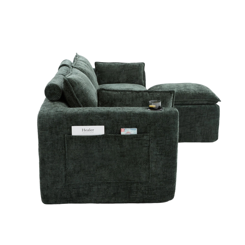 Divano modulare 3 posti con pouf 256 cm; portabicchieri e tasche laterali; ciniglia; verde scuro
