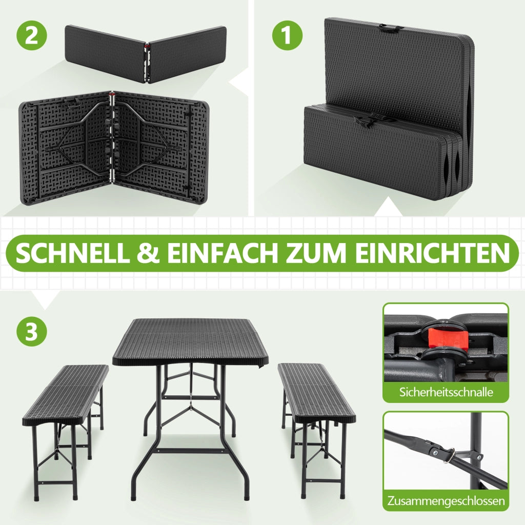 Set Tavolo da Picnic Pieghevole 183 cm con 2 Panche; 3 Pezzi in HDPE; Nero