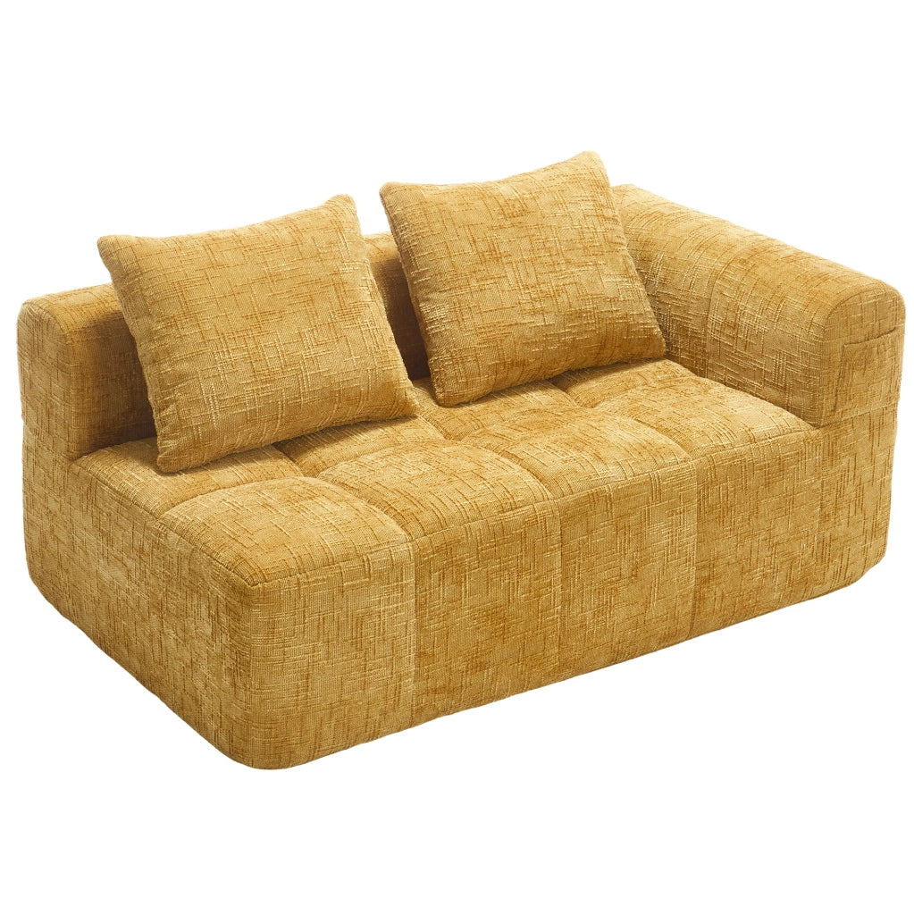 Divano 2 posti con chaise longue, tessuto chenille giallo, con cuscino e tasche laterali