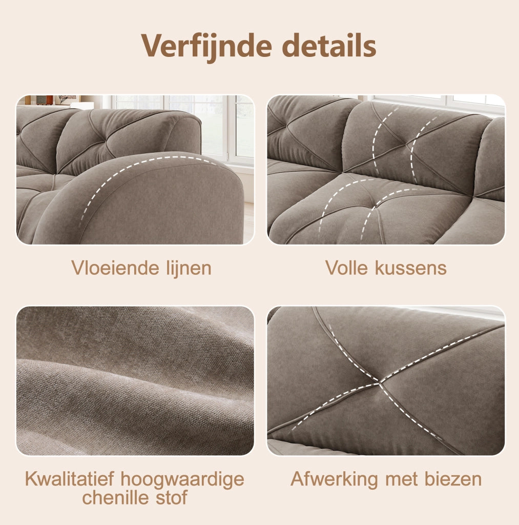 Divano modulare a forma di U senza struttura con 4 posti e 2 pouf in tessuto chenille taupe