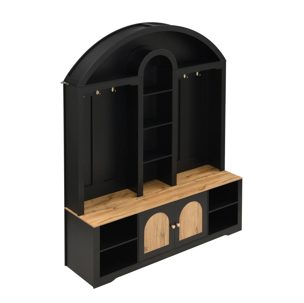 Garderoba in MDF nera con ripiani, appendiabiti e doppi sportelli, design curvo 150x40x195 cm