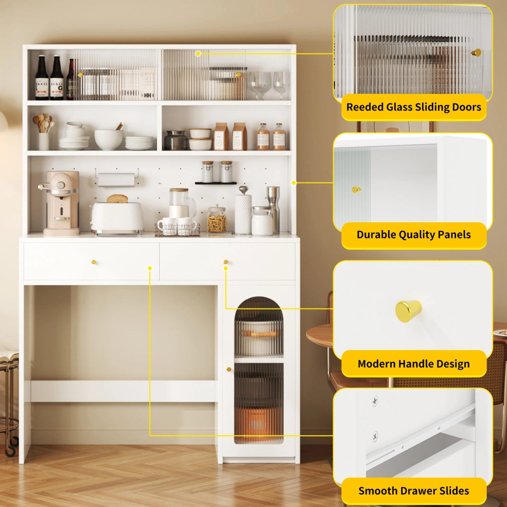 mobile da cucina con piano di lavoro, ripiani aperti, 2 cassetti e ganci in MDF bianco 120 × 45 × 180 cm