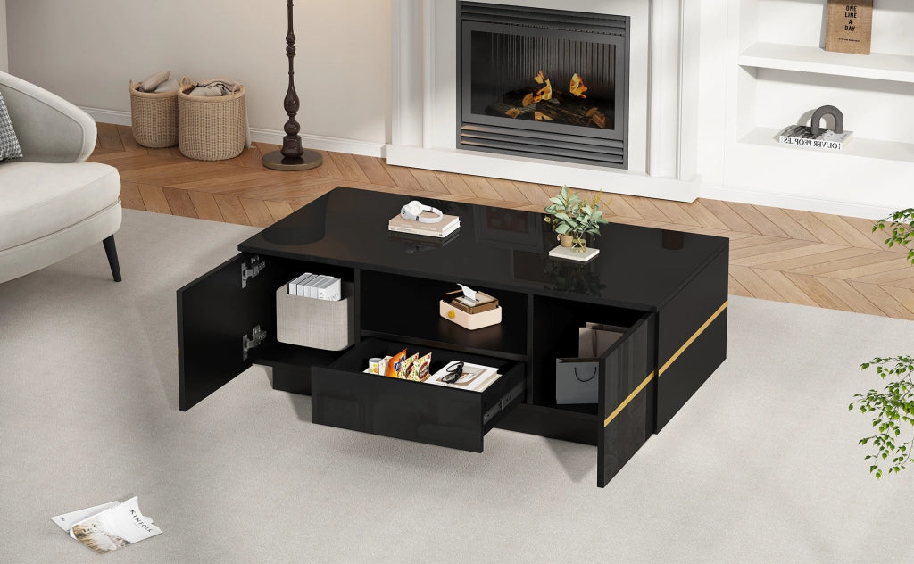 Tavolino da caffè moderno in MDF nero con LED, 100x50x35,5 cm, 2 ante, 1 cassetto, finiture dorate