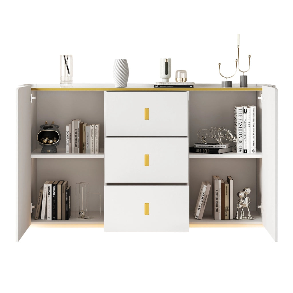 Credenza e madia con LED Bluetooth, 2 ante e 3 cassetti, per soggiorno e cucina, in truciolare bianco, 150 × 35 × 80 cm