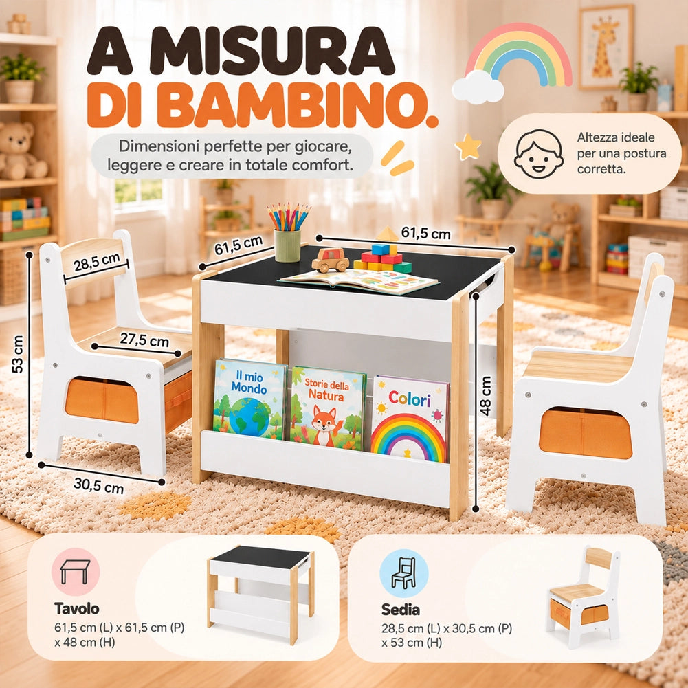 Set Tavolino per Bambini e Sedie 4 in 1 Sedie in Legno Piano Bianco e Arancione