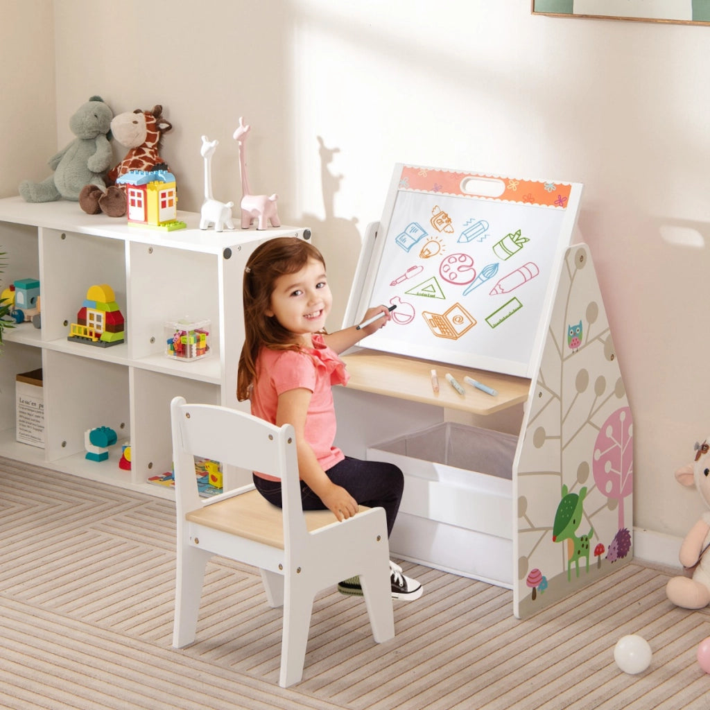 Doppio lato cavalletto per bambini e stazione di gioco-Set tavolo e sedia con lavagna bianca e lavagna magnetica Bianco