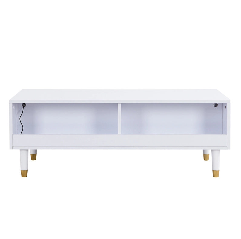Tavolino da salotto moderno con illuminazione LED colorata, doppio cassetto e gambe in legno bianco e oro 110x50x40 cm