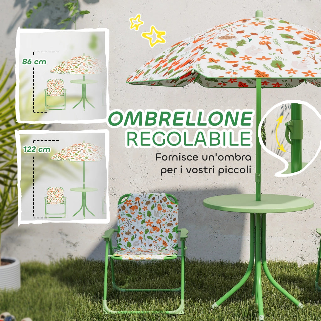 Set da Giardino per Bambini 2-5 Anni con Tavolino Rotondo, 2 Sedie Pieghevoli e un Ombrellone, Verde