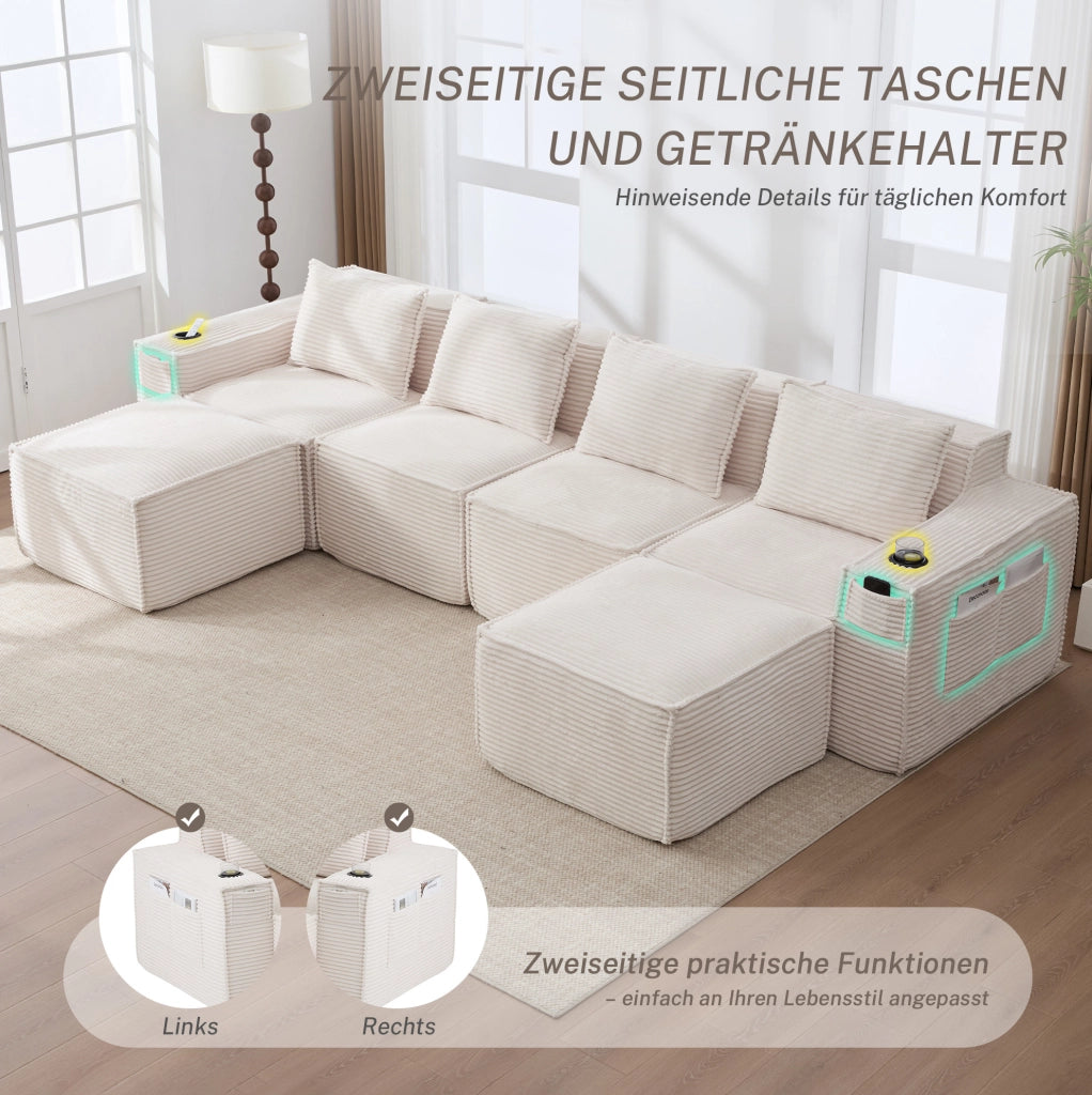 Divano modulare beige in velluto a coste con pouf e portabicchieri