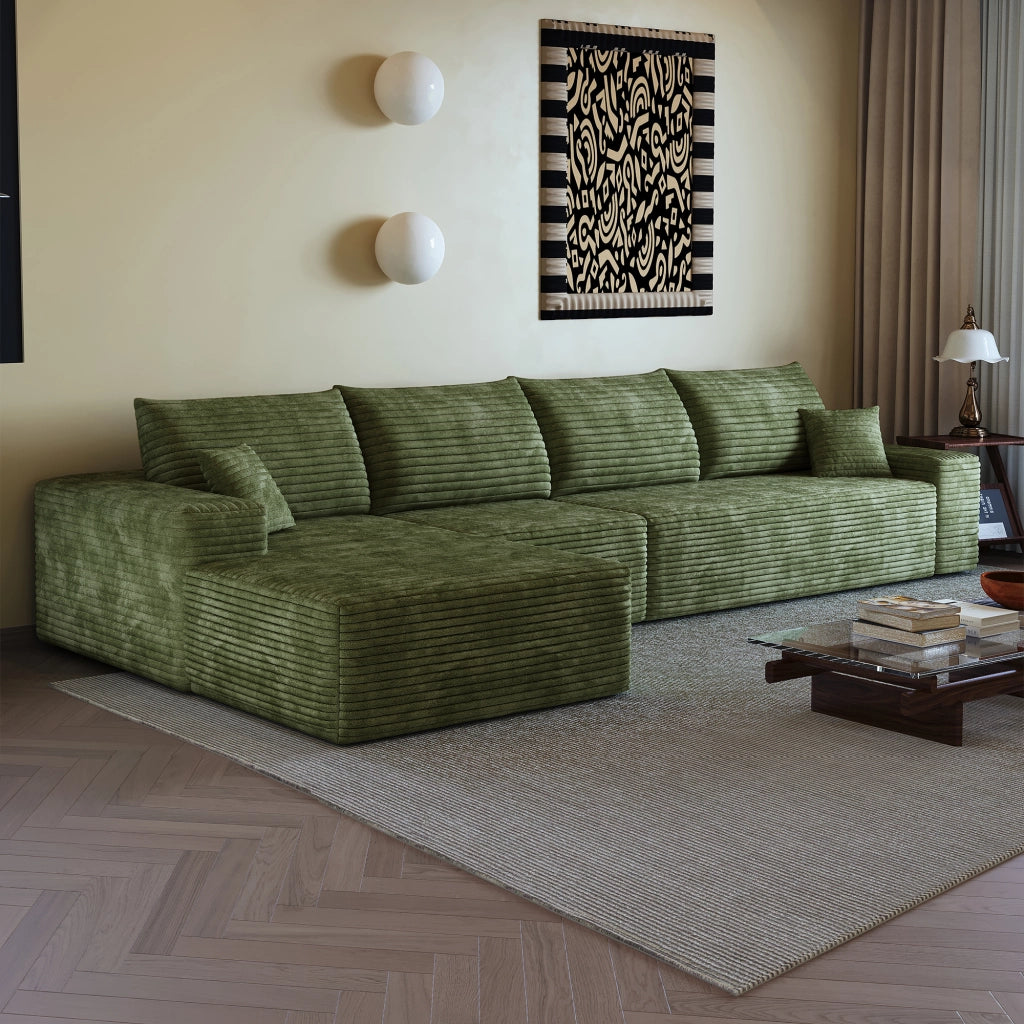 Divano angolare modulare con chaise longue, seduta profonda e montaggio senza attrezzi, in velluto a coste verde