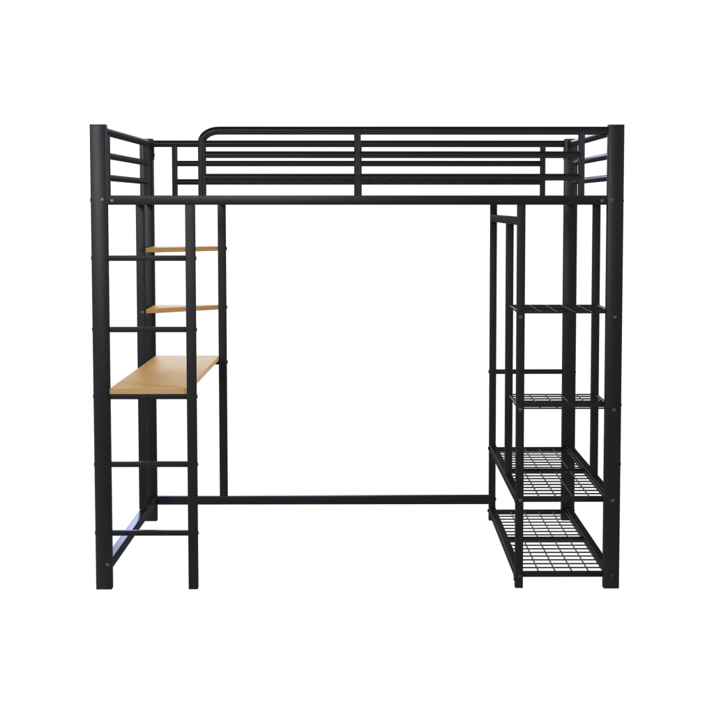 Letto a Soppalco 140x200 cm con Scrivania; Armadio e Ripiani Salvaspazio; Metallo Nero