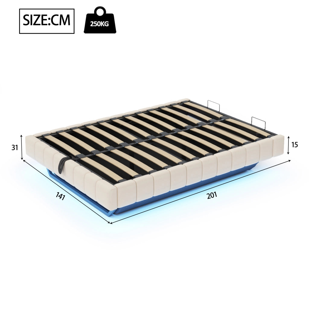 Letto Contenitore Imbottito 140x200 con LED ¨C MINIMAL ¨C Beige, Senza Testiera, Idraulico