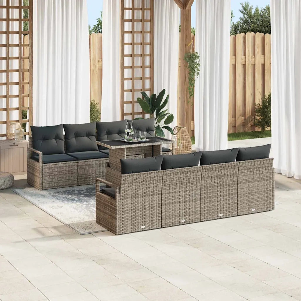 Set Divano da Giardino con cuscino 9 pcs Grigio Poly Rattan