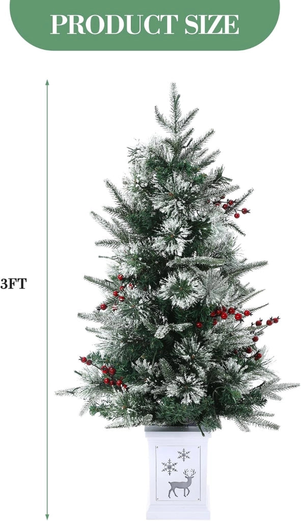 Set 2 Alberi di Natale Innevati 92cm con 78 LED Luce Calda Bacche Rosse e Base Cervo
