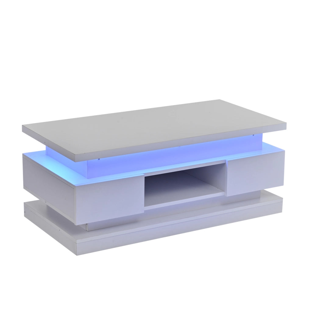Tavolino da salotto sollevabile bianco lucido con cassetti e LED