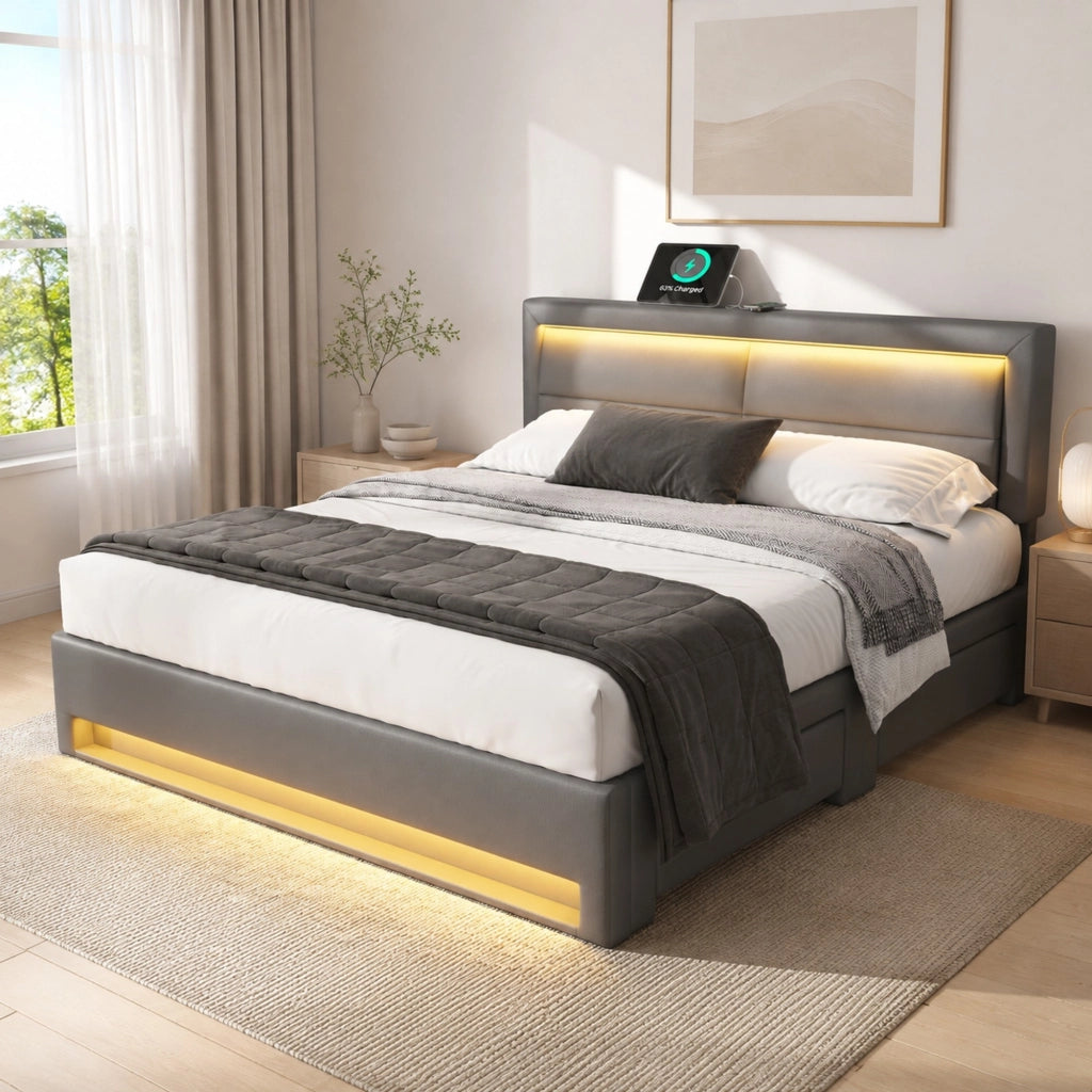 Letto imbottito 140 × 200 cm con USB ricarica wireless LED 12 colori quattro cassetti in PU grigio