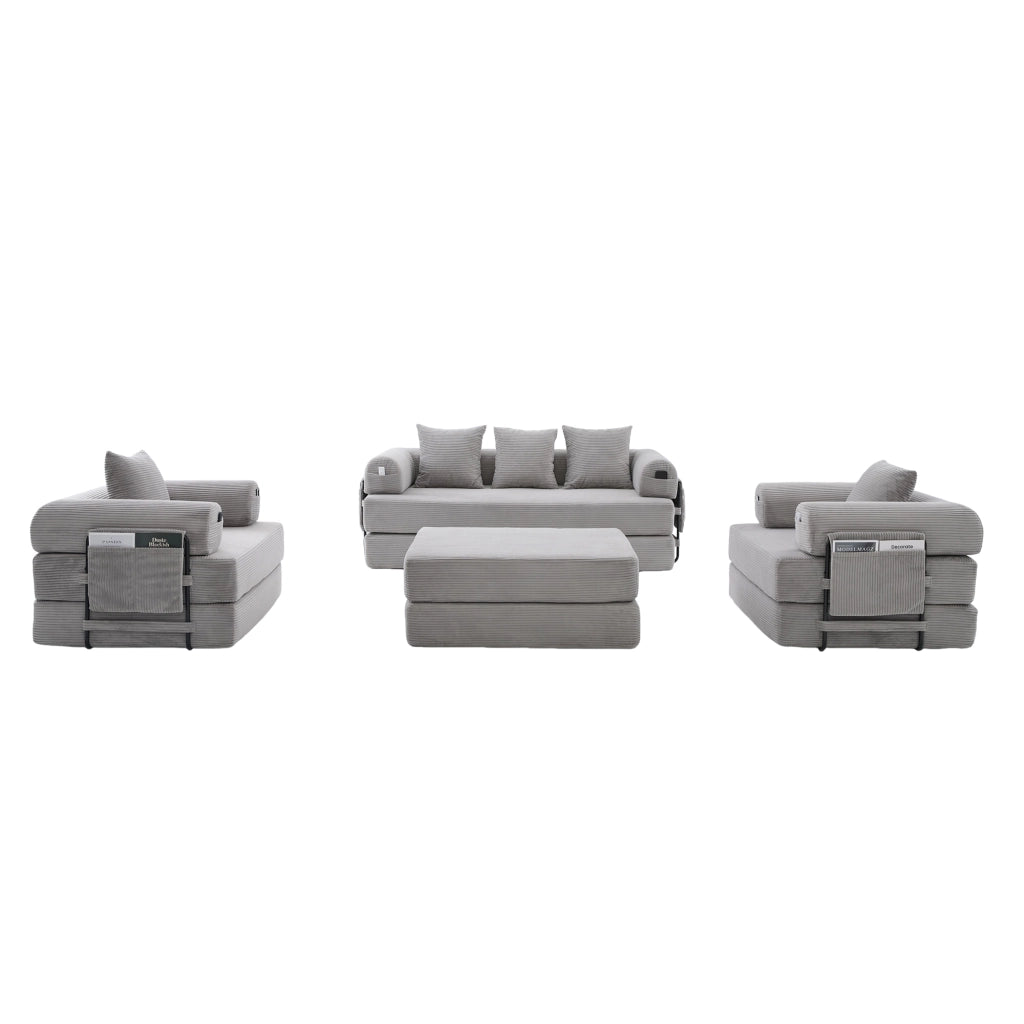 Set divano modulare 3 posti con poltrona e pouf in velluto a coste grigio chiaro