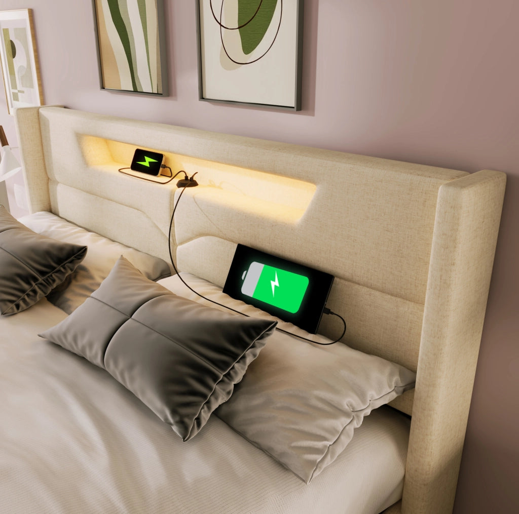 Letto matrimoniale imbottito con LED, USB e spazio contenitivo