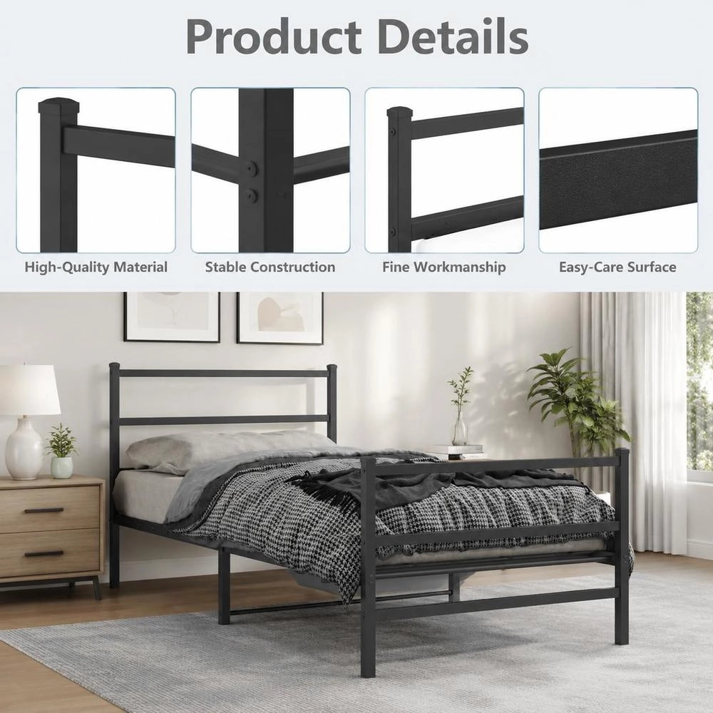 Bed Frame With Headboard And Footboard, Metal, Black, 90x200 Cm