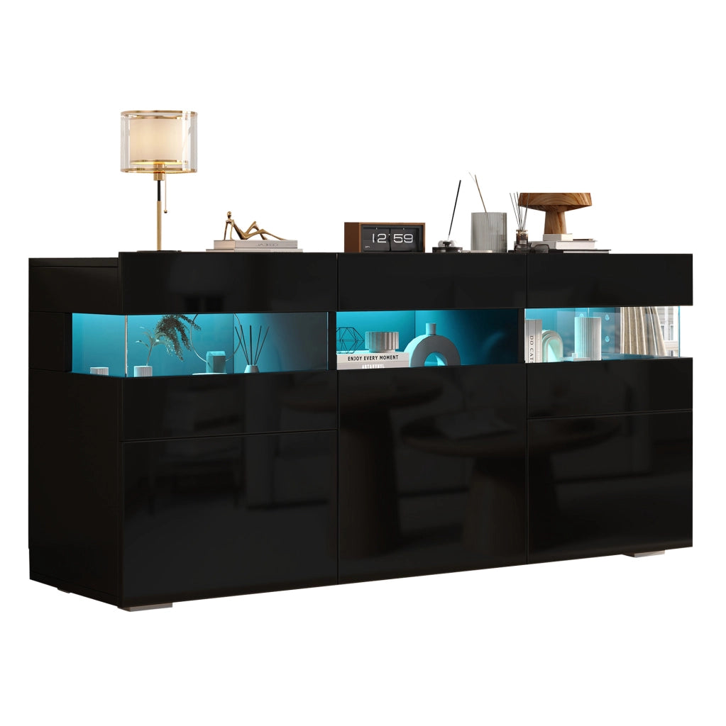 Sideboard soggiorno nero 140 cm con LED, 3 ante e 7 vani