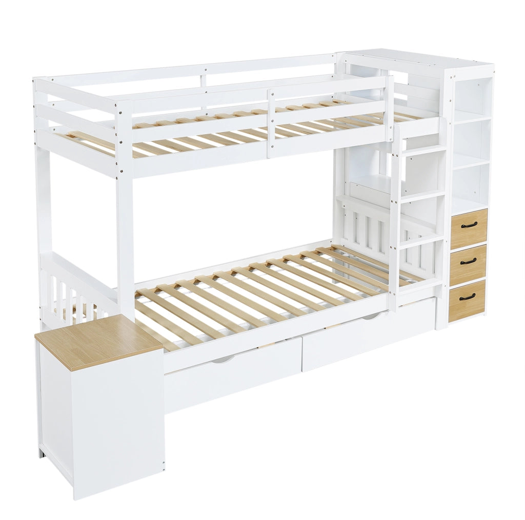 Letto a castello in legno bianco 90x200 cm con due cassettoni, scaffale laterale e comodino mobile