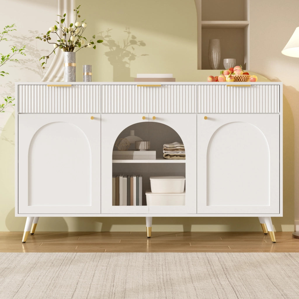 Credenza 4 ante e 3 cassetti con inserti in acrilico trasparente per soggiorno e sala da pranzo in MDF bianca