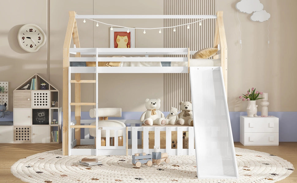 Letto a soppalco bambini con scivolo; struttura in pino e MDF; bianco e naturale; 90x200 cm